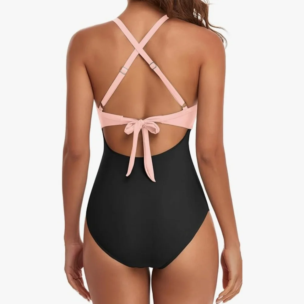 EOMENIE-Women's Pink and Black Swimsuit, tummy control, cutout high waisted suit